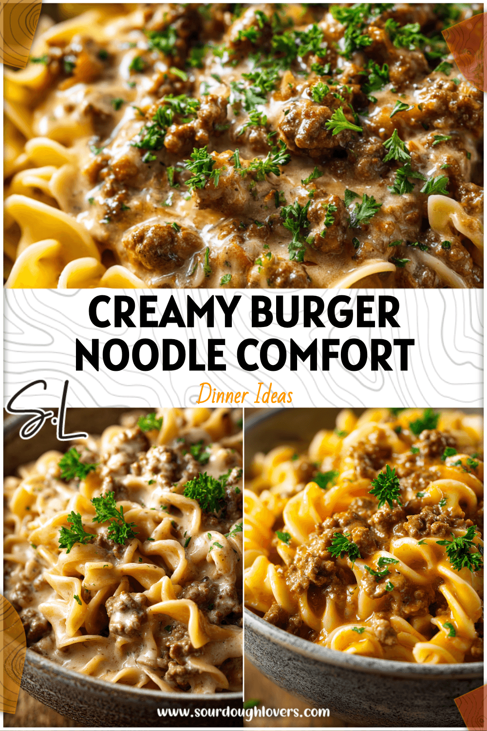 Creamy Burger And Noodles Ground Beef topped with parsley in a rustic bowl ready to serve. 2026
